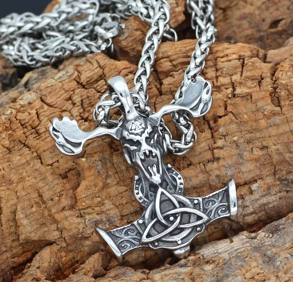 Vikings Goat Skull Mjolnir Stainless Steel Necklace