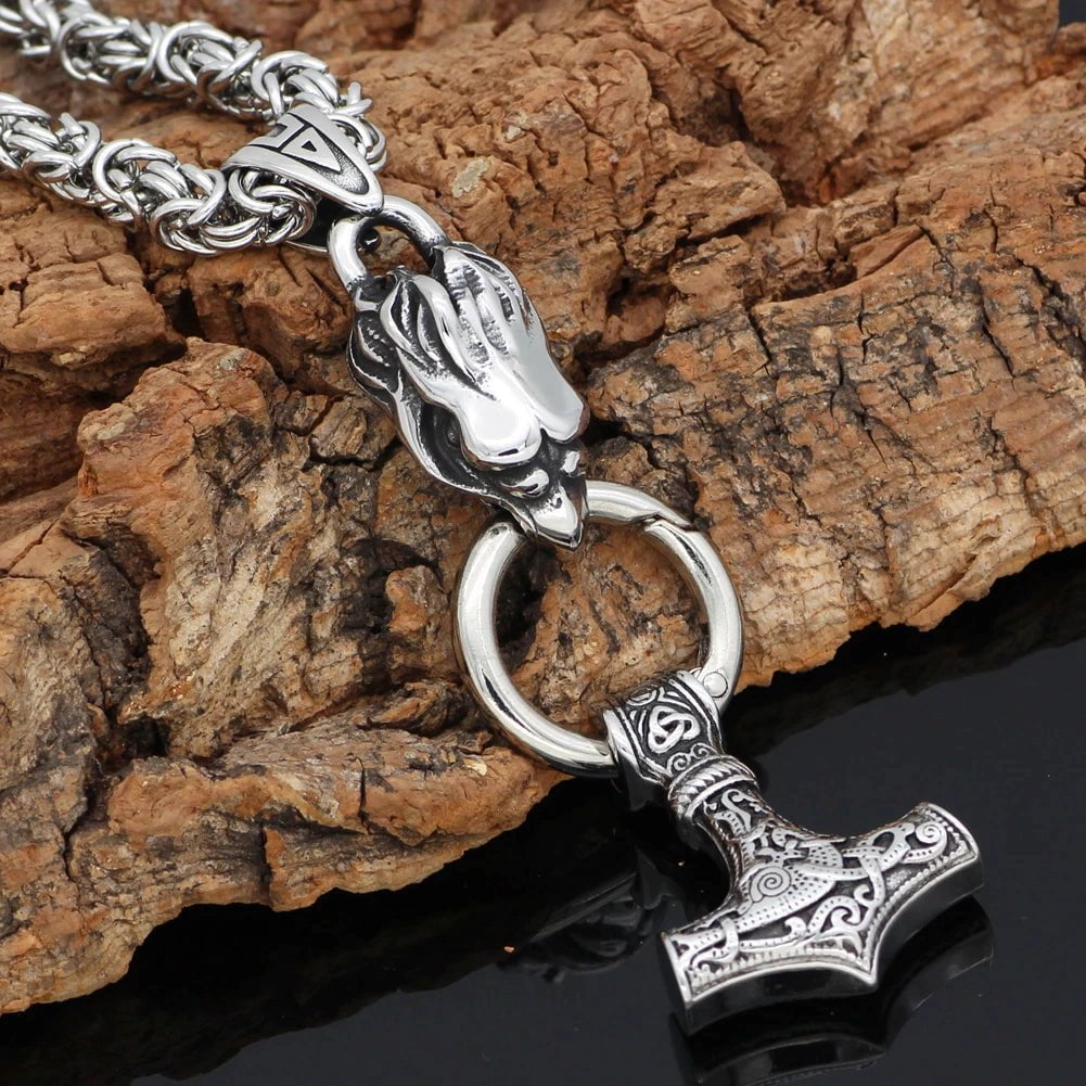 Vikings Raven&amp;#39;s Head Mjolnir Stainless Steel Necklace