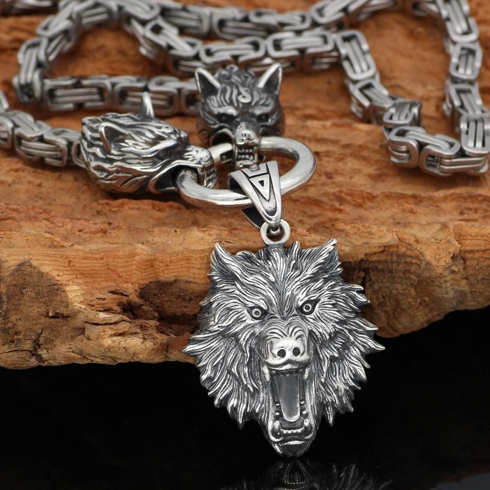 VIKINGS GERI &amp;amp; FREKI FENRIR&amp;#39;S HEAD STAINLESS STEEL NECKLACE