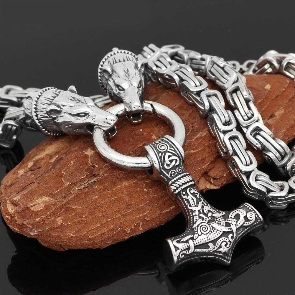 Vikings Geri &amp;amp; Freki Mjolnir King’s Chain Stainless Steel Necklace