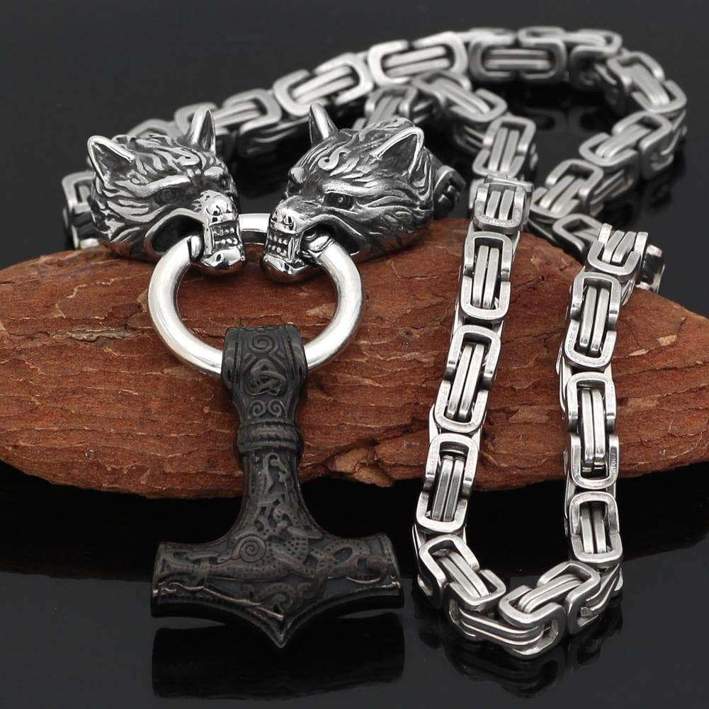 Vikings Wolf Mjolnir Stainless Steel King Chain Necklace