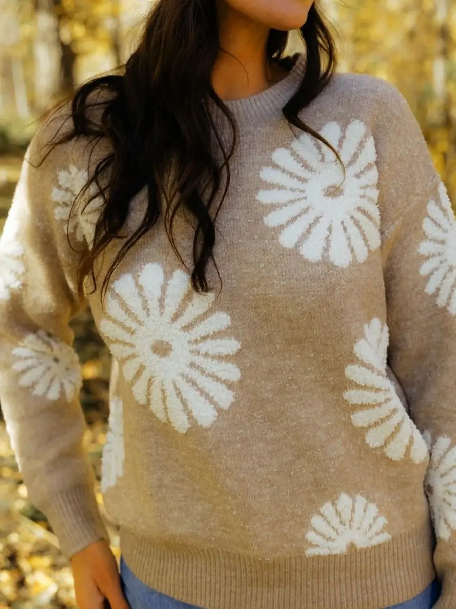 Trendsi Flower Sweater Women&amp;#39;s Round Neck Long Sleeve Acrylic Knit Top - Soft &amp;amp; Stylish