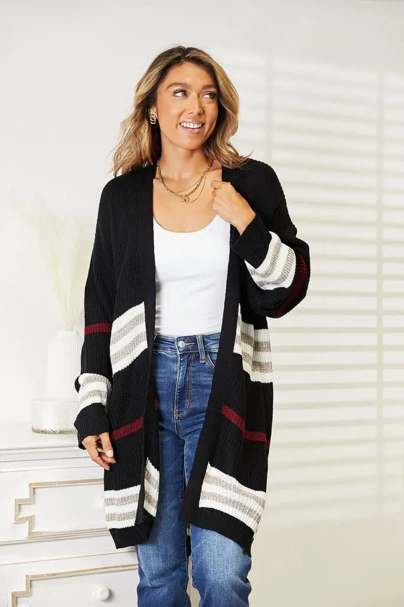 Striped Rib-Knit Cardigan Women&amp;#39;s Open Front Layering Essential