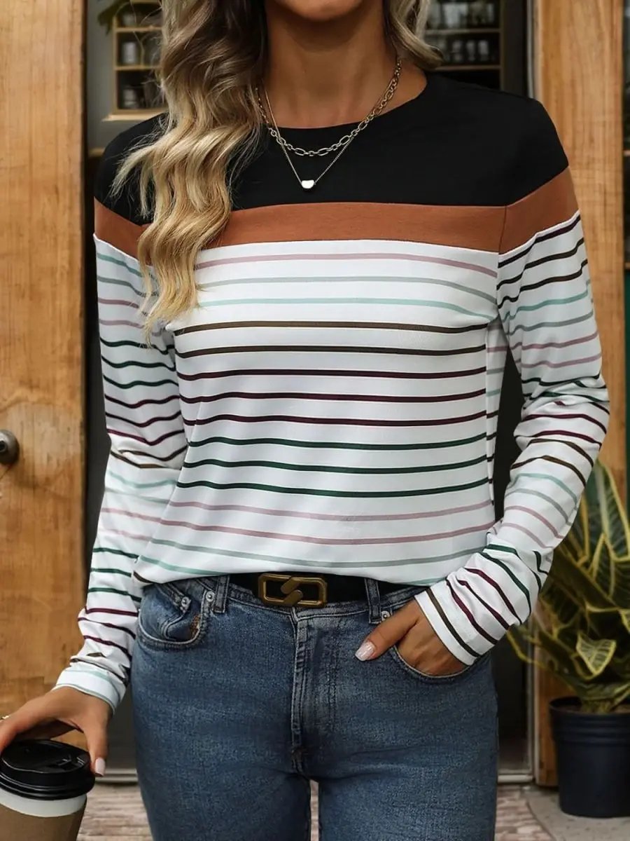 Trendsi Striped Tee Women&amp;#39;s Casual Long Sleeve Polyester Shirt - Soft &amp;amp; Stylish