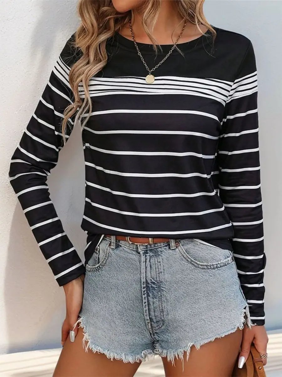 Trendsi Striped T-Shirt Women&amp;#39;s Casual Long Sleeve Round Neck Top - Soft &amp;amp; Stylish