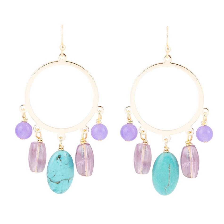 Purple Periwinkle Amethyst and Blue Magnesite Golden Chandelier Earrings