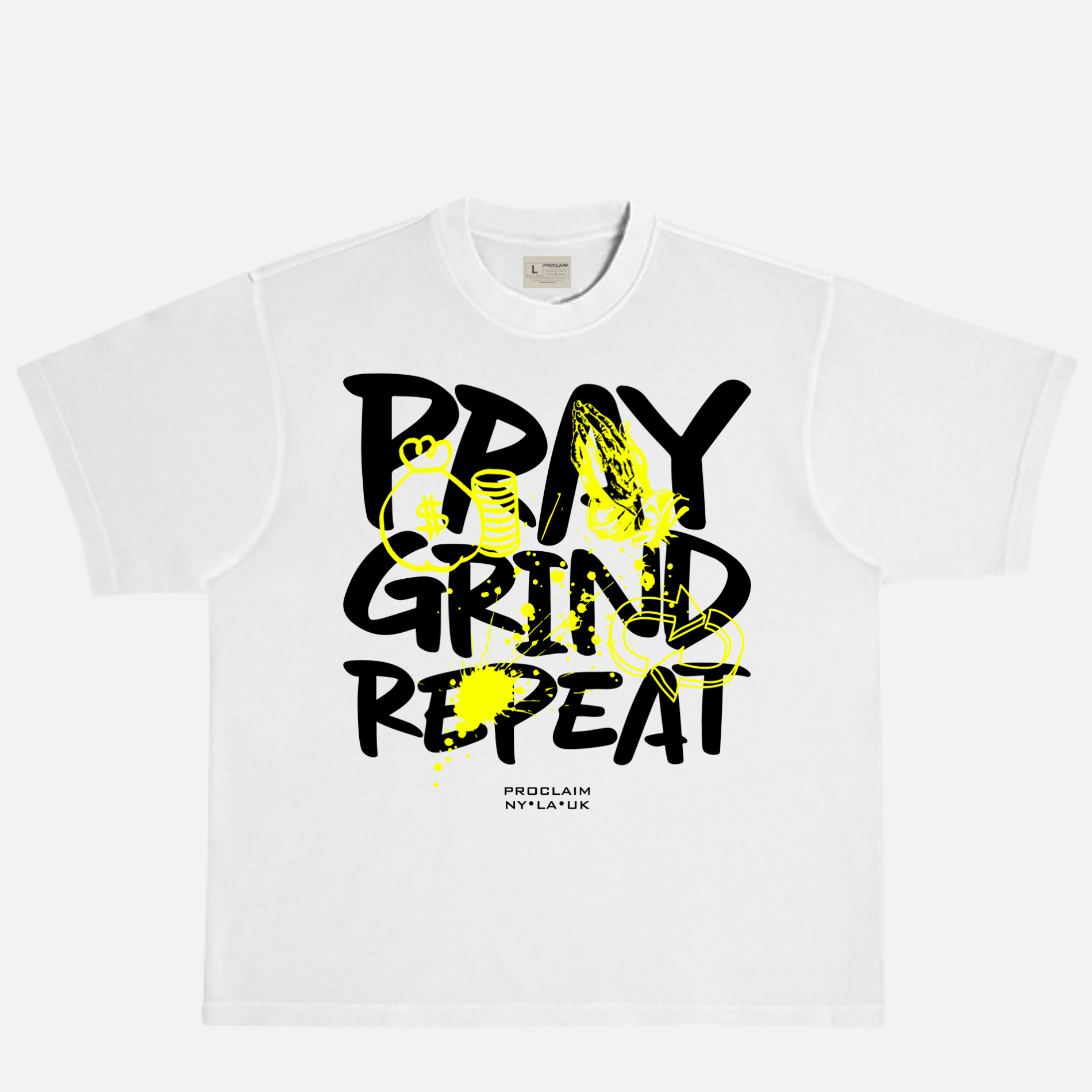 Pray Grind Repeat- White/Black/Yellow Graffiti T-Shirt