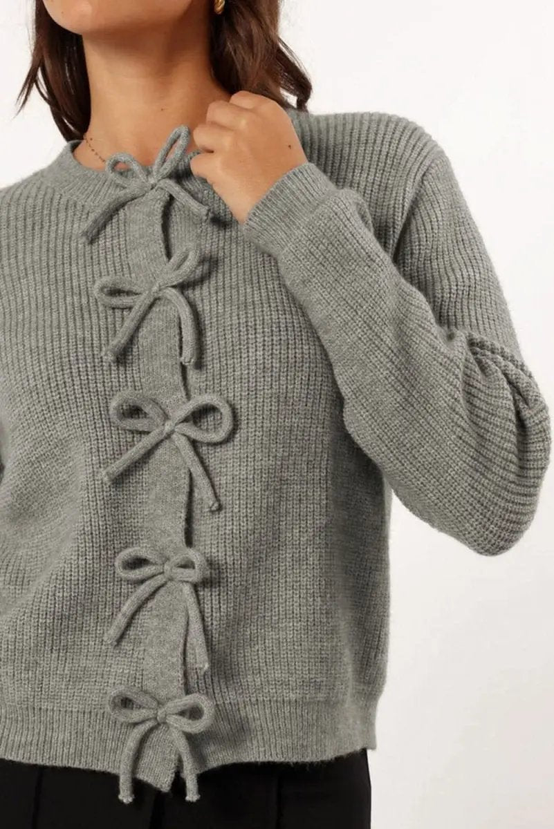 Love Salve Gray Ribbed Knit Women&amp;#39;s Cardigan Bow Front Elegant Knitwear