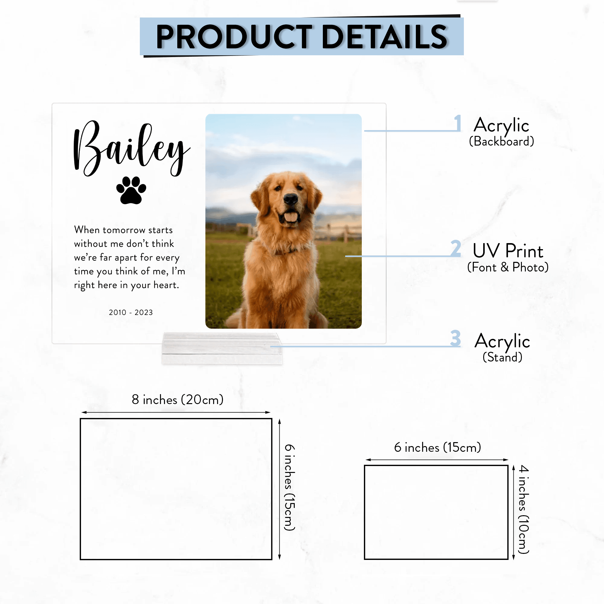 Memorial Plaque with Photo - Personalized Gifts for Pet Loss, Sympathy Gift for Cat, Dog and Any Other Animals | Custom Acrylic Plaque