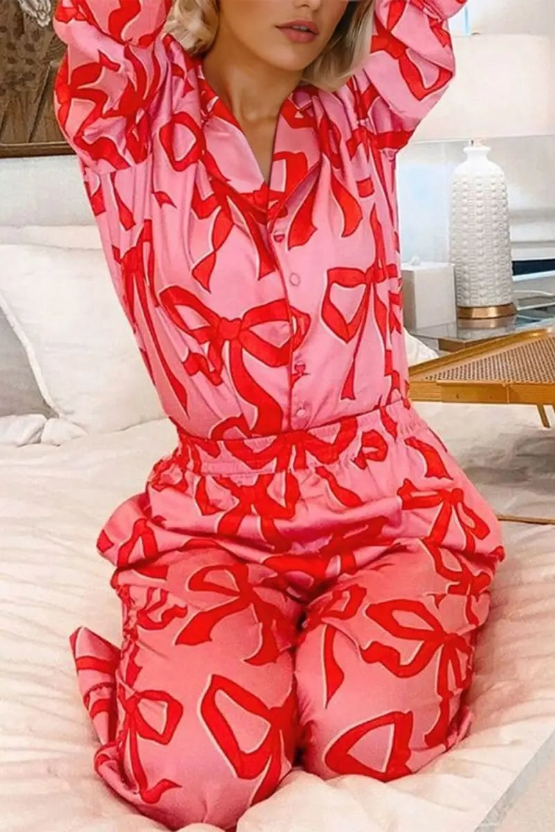 Love Salve Pink Bow Pajama Set Women&amp;#39;s Loungewear Southern Belle Style Long Sleeve Sleepwear