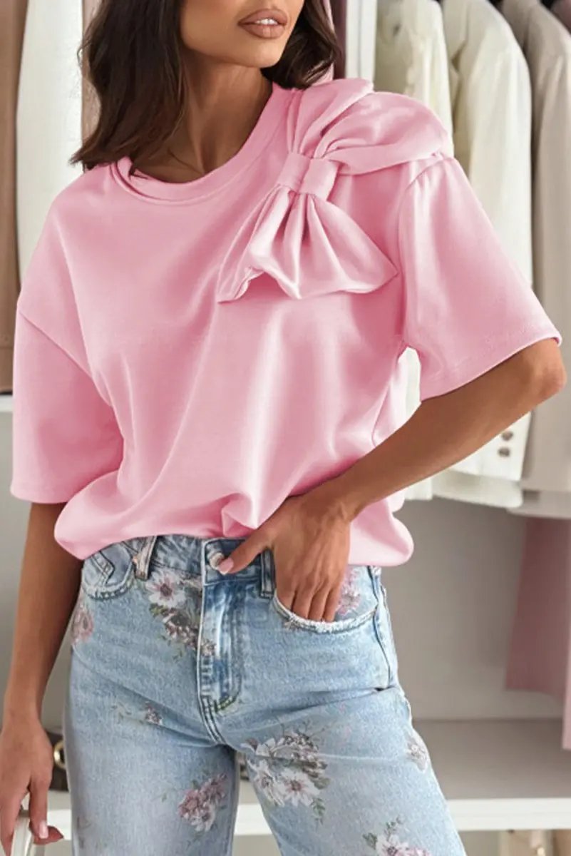 Love Salve Pink Bow T-Shirt Women&amp;#39;s Daily Half Sleeve Summer Top - Stylish &amp;amp; Modern