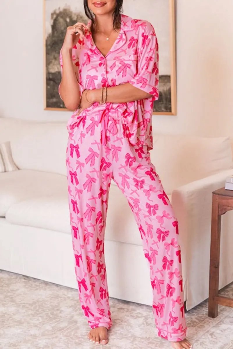 Love Salve Pink Bow Pajama Set Women&amp;#39;s Loungewear Cute, Soft Sleepwear