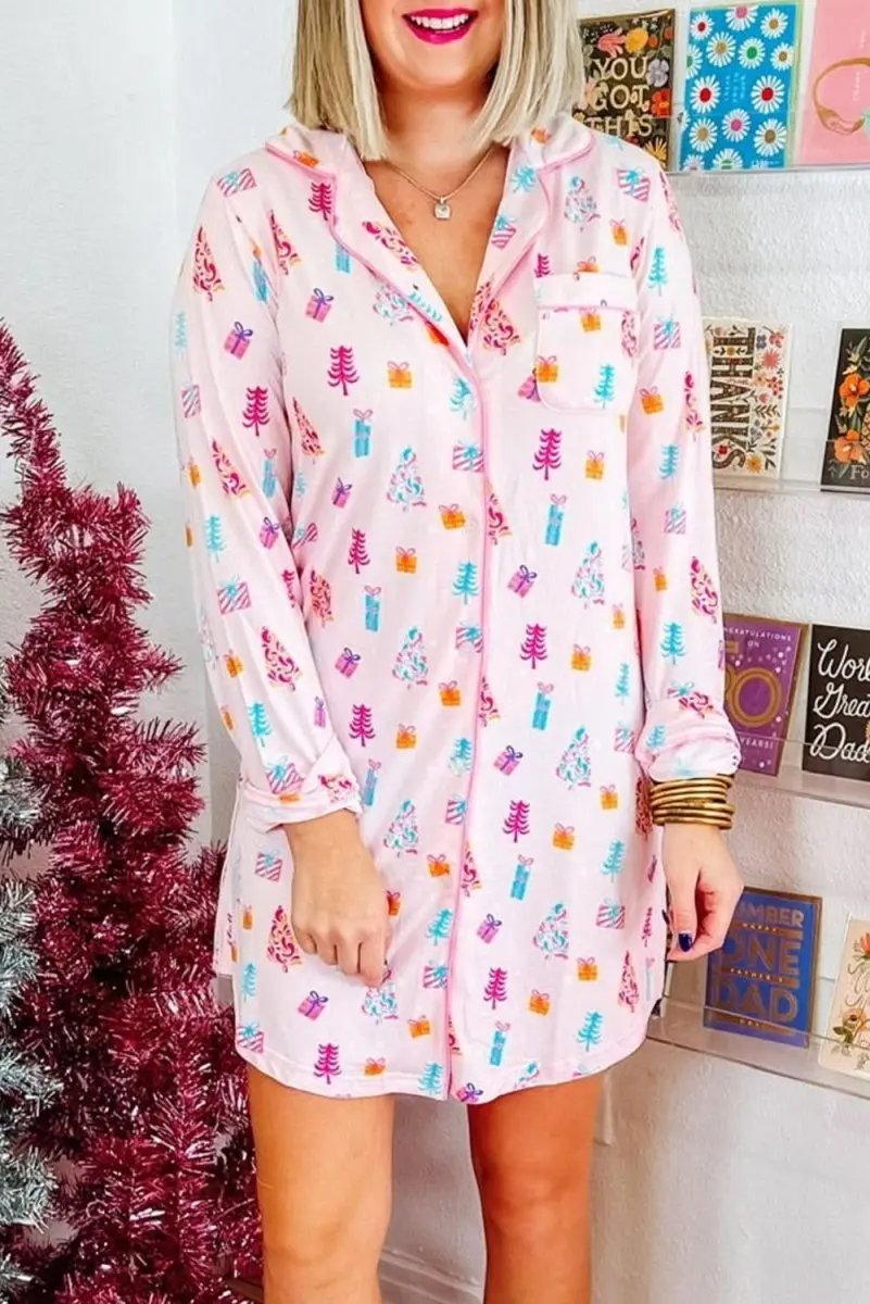Love Salve Pink Christmas Print Women&amp;#39;s Sleep Dress Home Loungewear Comfy Soft