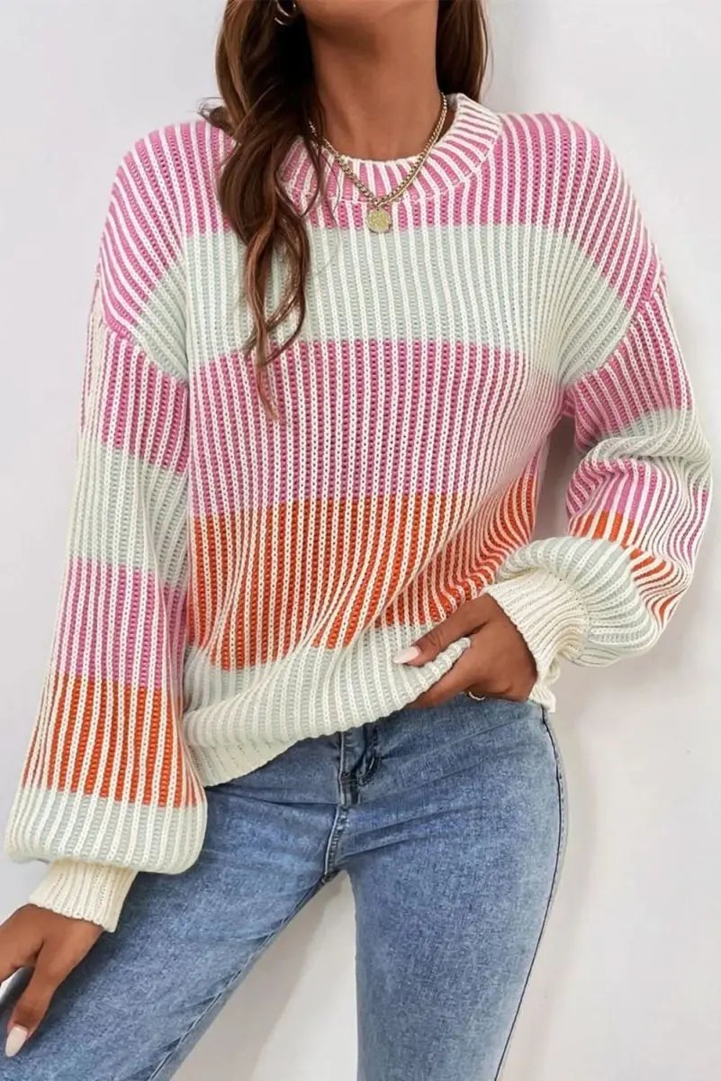Love Salve Pink Knit Sweater Women&amp;#39;s Daily Wear Pullover: Bubble Sleeves, Colorblock