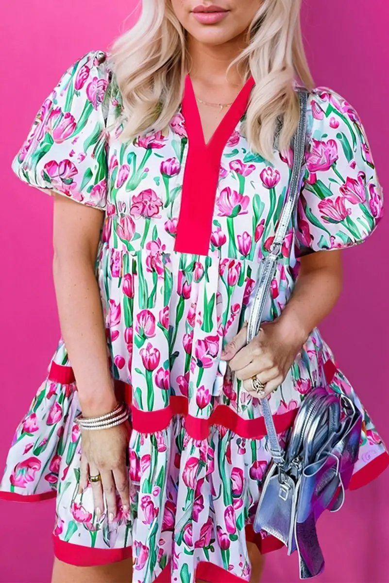 Love Salve Pink Floral Babydoll Dress Women&amp;#39;s Summer Casual V Neck Cute