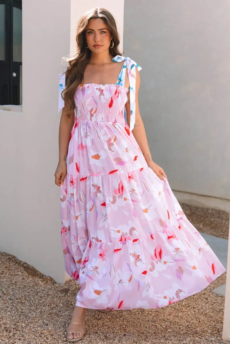 Love Salve Pink Floral Maxi Dress Women&amp;#39;s Vacation Smocked A-Line Dress: Southern Belle Style