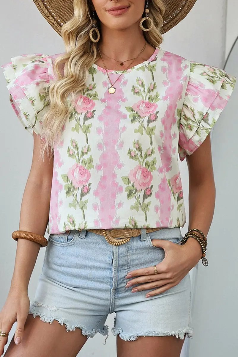 Love Salve Pink Floral Top Women&amp;#39;s Daily Wear Ruffle Sleeve Blouse - Southern Belle Style