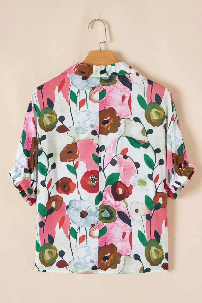 Love Salve Pink Floral Blouse Women&amp;#39;s Daily Summer Top V Neck &amp;amp; Slit Detail