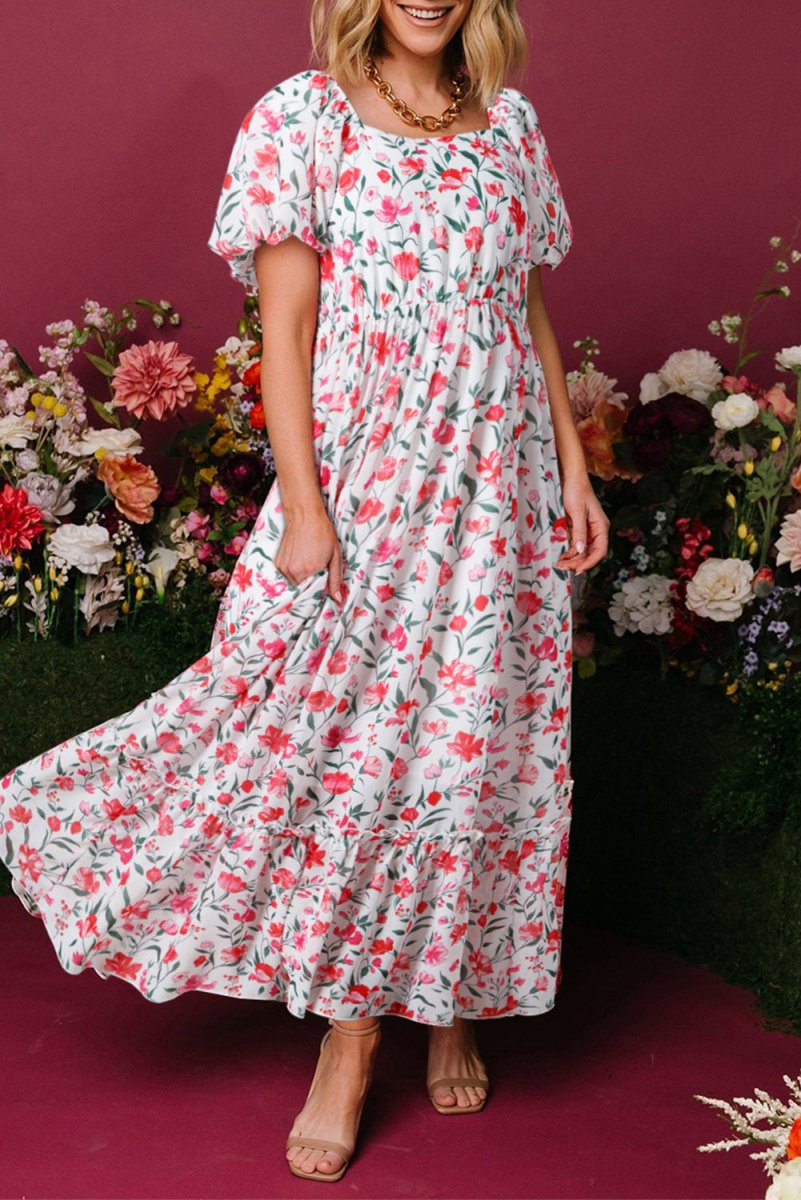 Pink Floral Puff Sleeve Square Neck Empire Waist Maxi Dress
