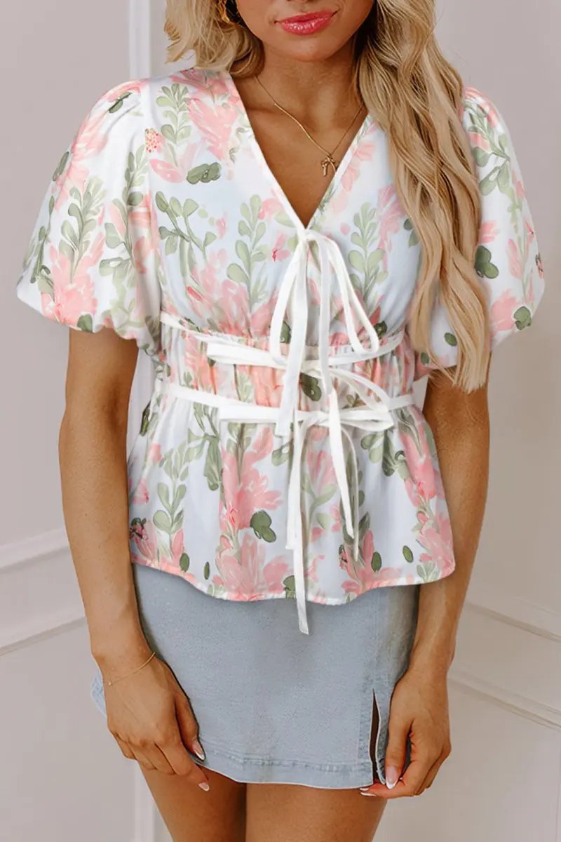 Love Salve Pink Floral Blouse Women&amp;#39;s Summer Top V-Neck Peplum Puff Sleeve