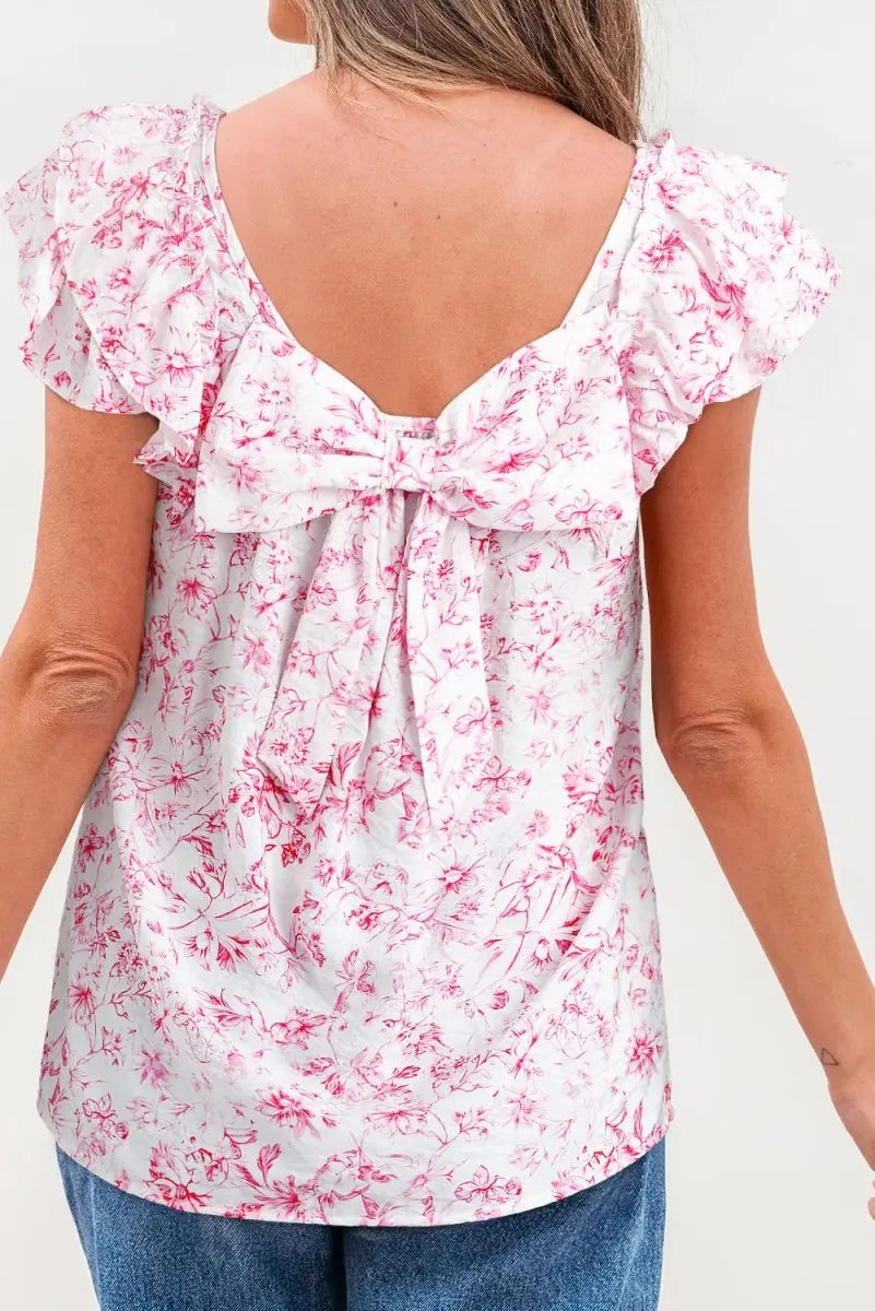 Love Salve Pink Floral Blouse Daily/Vacation Women&amp;#39;s Top Ruffle Sleeve Bow Back