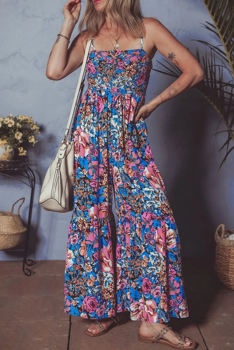 Love Salve Pink Floral Smocked Jumpsuit Women&amp;#39;s Vacation Bohemian Wide Leg Comfy