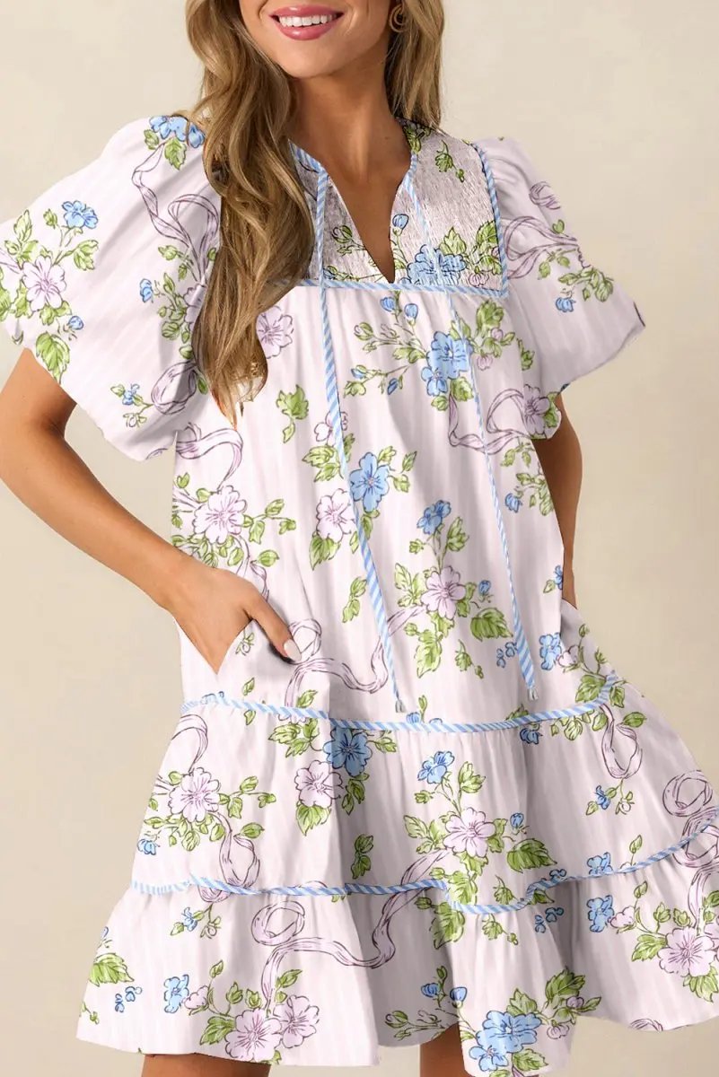 Love Salve Pink Floral Mini Dress Women&amp;#39;s Daily Wear A-Line Puff Sleeve Dress