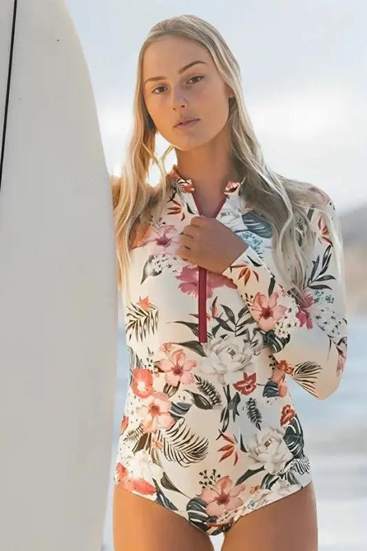 Charmo Pink Floral UPF50+ Women&amp;#39;s Rash Guard Sun Protection Swim Shirt - Long Sleeve