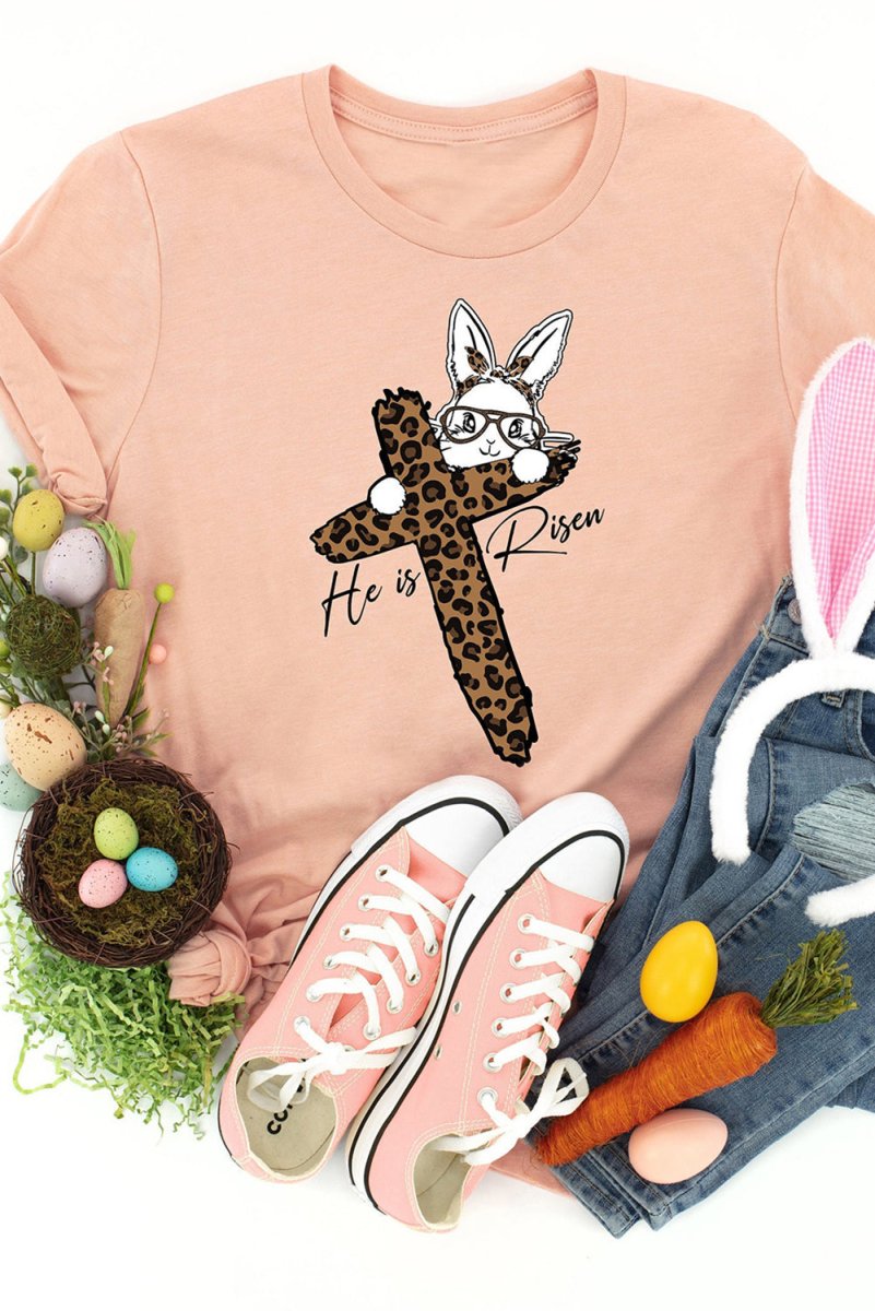 Pink He Is Risen Easter Bunny Leopard Cross Graphic Tee