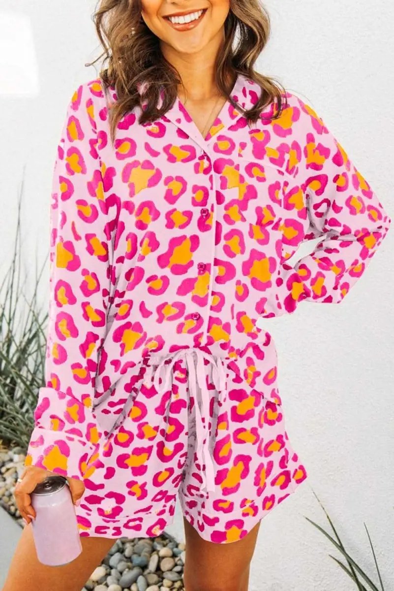 Love Salve Pink Leopard Loungewear Women&amp;#39;s Pajama Set Comfy Sleepwear