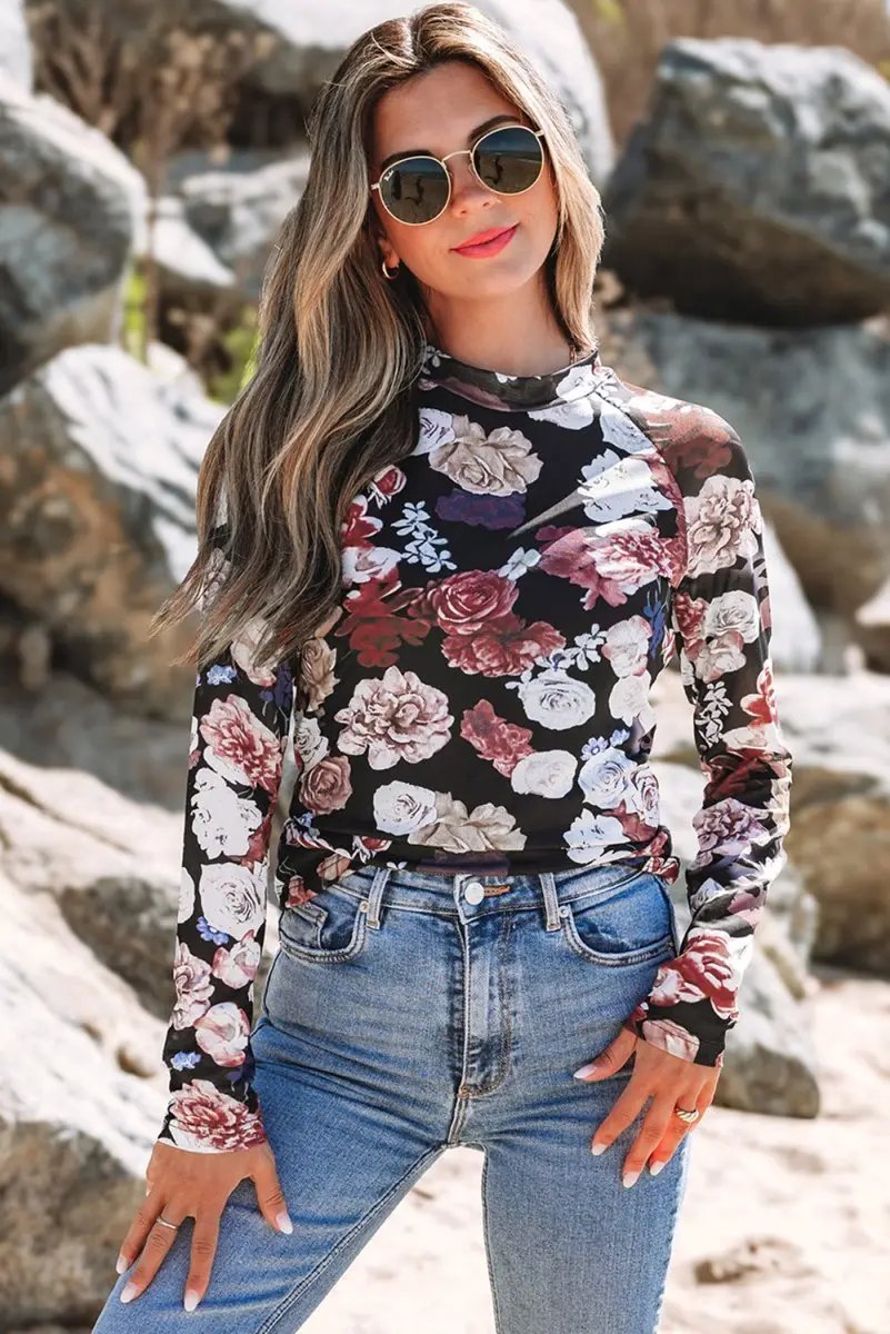 Love Salve Pink Floral Mesh Top Women&amp;#39;s Spring Fashion Long Sleeve Sheer Tee