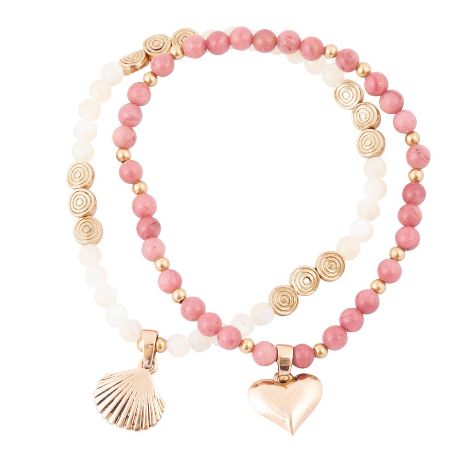 Pink Rhodonite and White Pearl Golden Heart Charm Bracelet Set