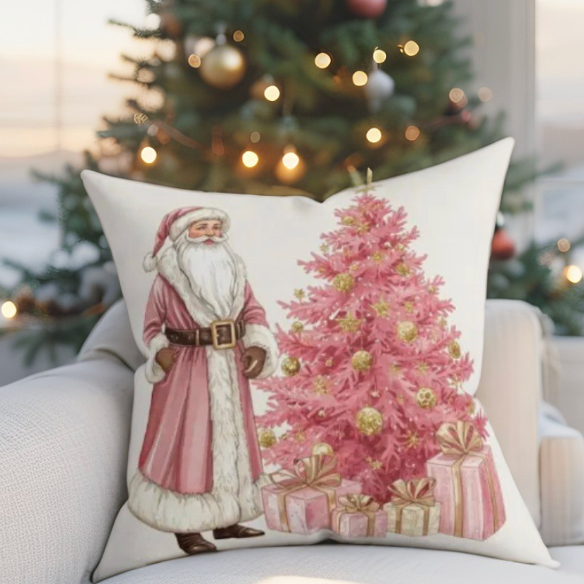 Pink Christmas Pillow, Christmas Throw Pillow, Pink Santa Pillow