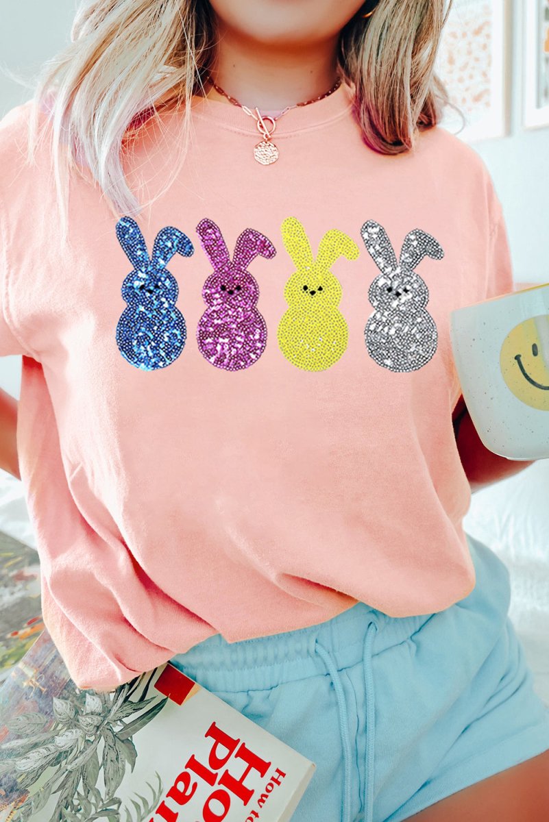 Pink Sequin Cute Bunny Graphic Easter Fashion Tee Shirt