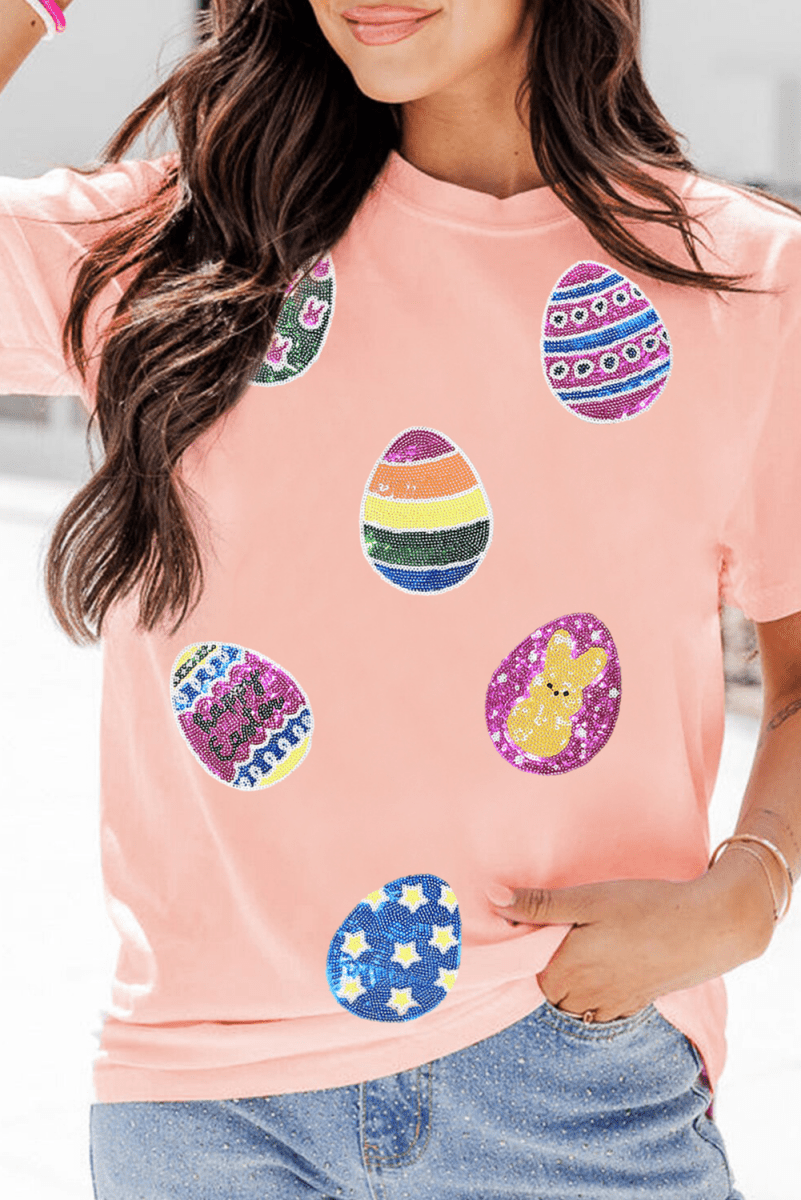 Pink Sequin Easter Eggs Graphic Crewneck T Shirt for Women