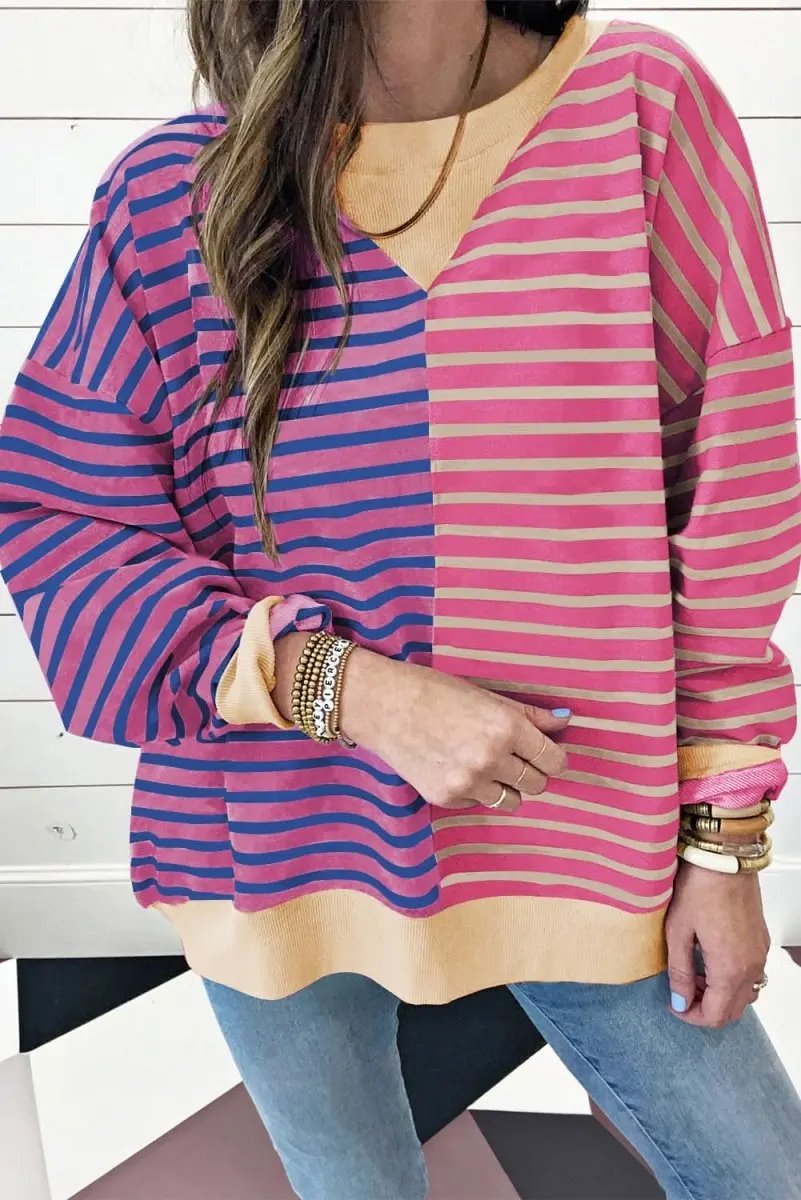 Love Salve Pink Stripe Oversized Women&amp;#39;s Sweatshirt Casual Winter Top Soft &amp;amp; Comfy