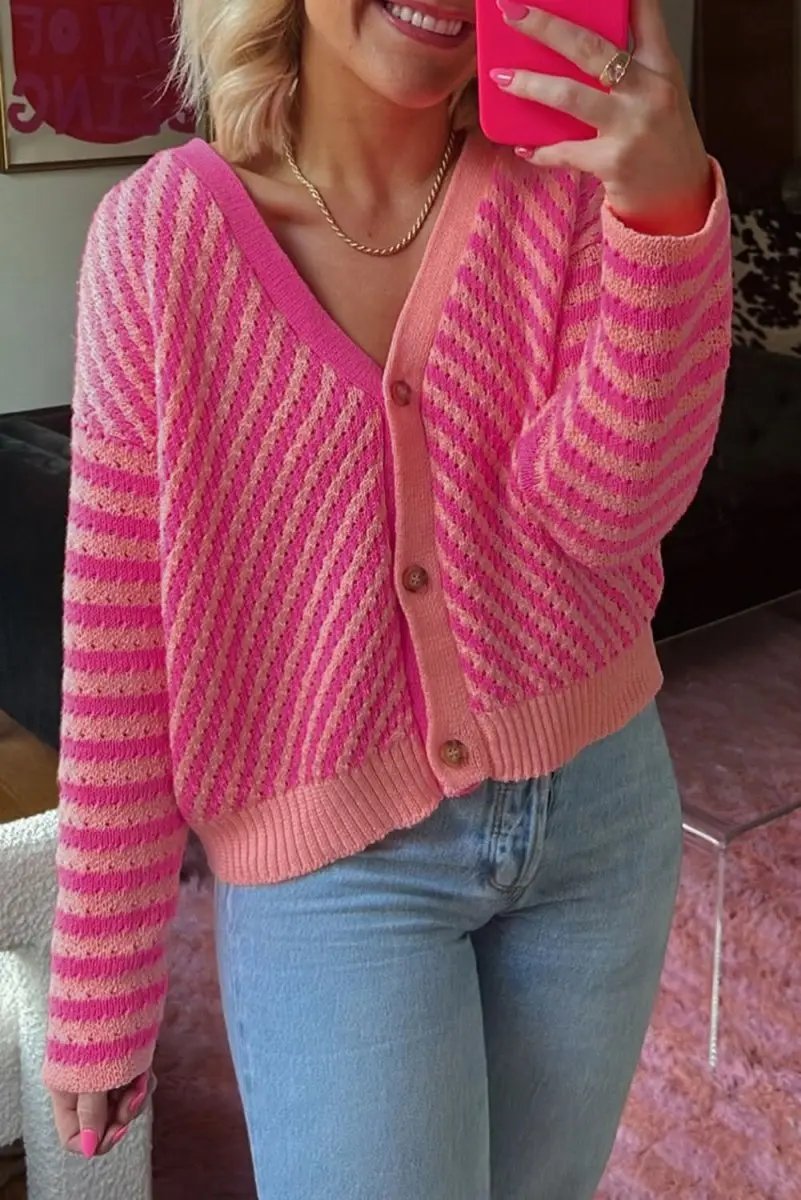 Love Salve Pink Striped Cardigan Women&amp;#39;s Fall Fashion Knitwear - Soft, Drop Shoulder