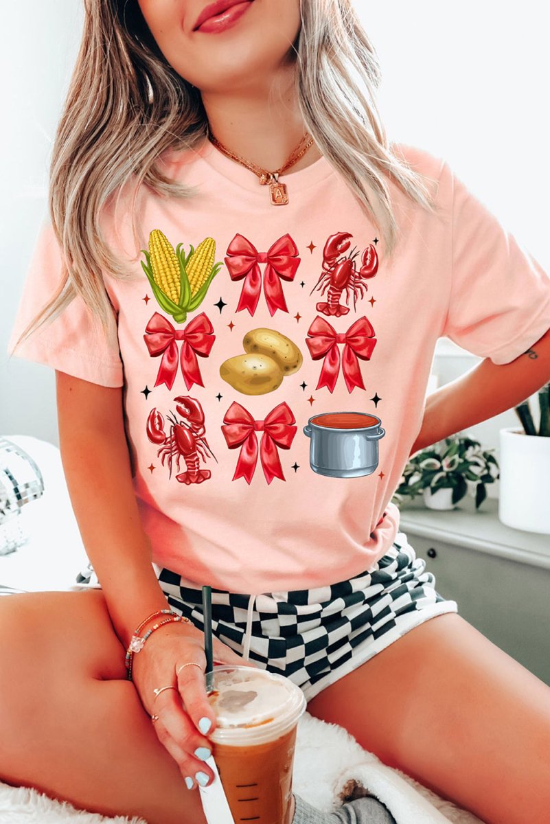 Pink Summer Food Bow Crawfish Printed T Shirt for Women