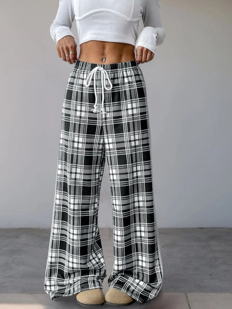 Trendsi Plaid Wide Leg Trousers Women&amp;#39;s Comfy Drawstring Pants Versatile