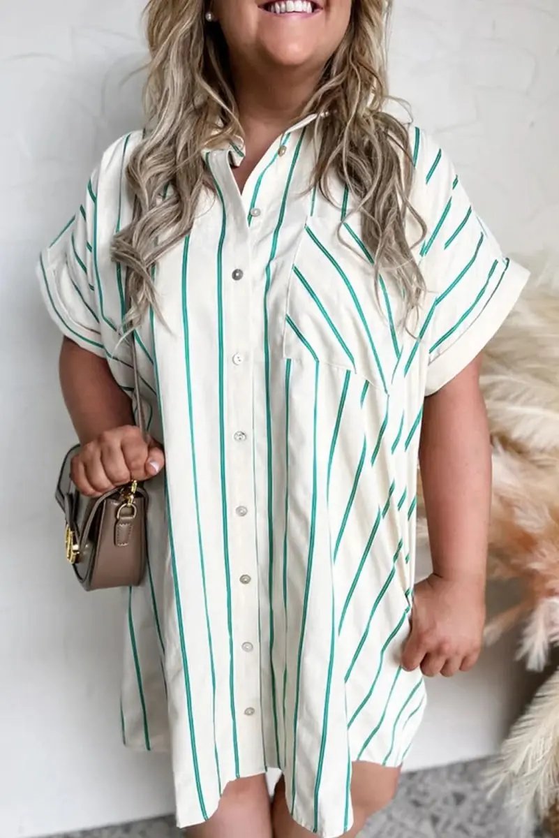 Love Salve Green Striped Dress Women&amp;#39;s St. Patrick&amp;#39;s Day Button-Up Shirt Dress Casual, Plus Size