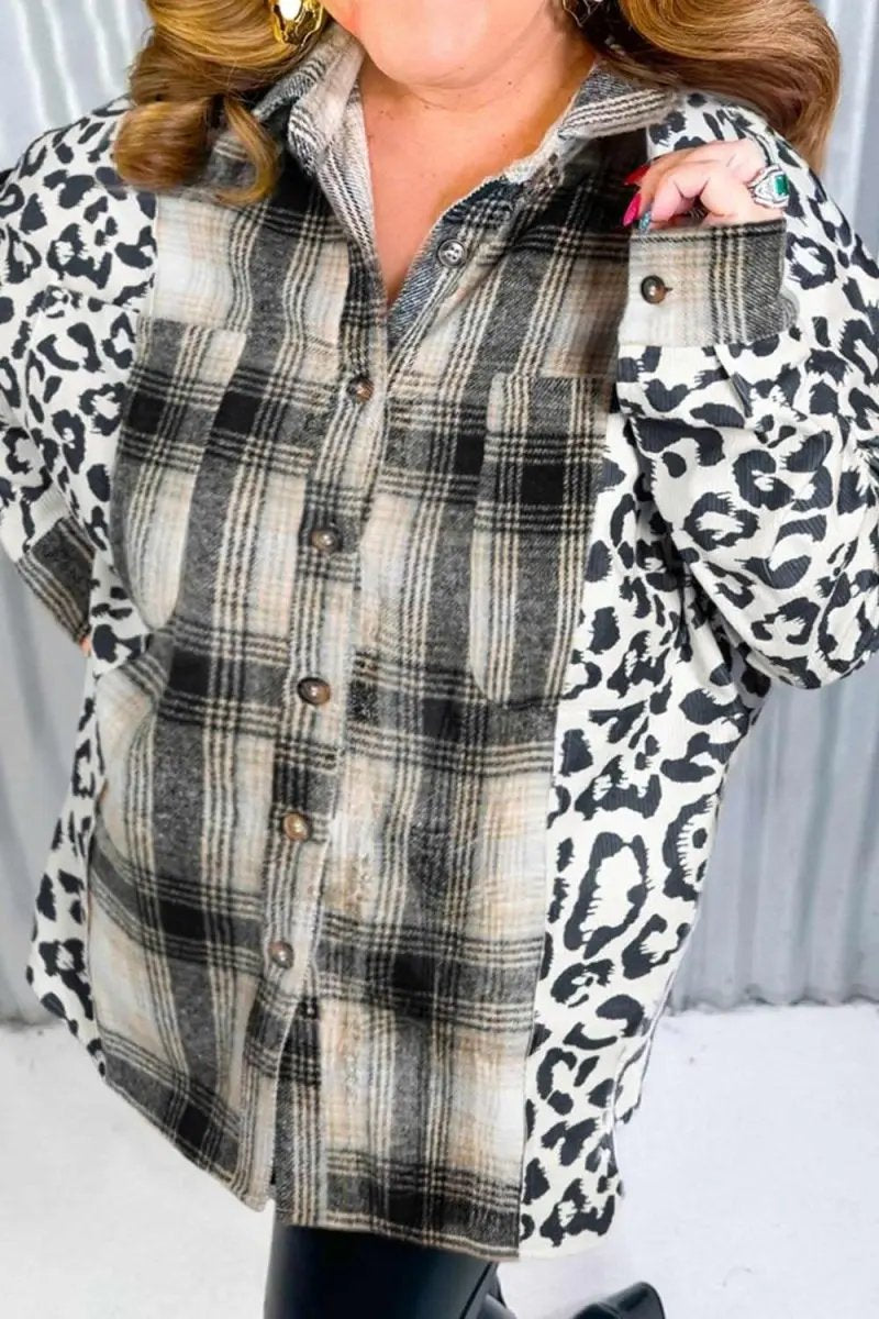 Trendsi Leopard Plaid Shacket Women&amp;#39;s Plus Size Button Up Long Sleeve Top - Trendy &amp;amp; Comfy