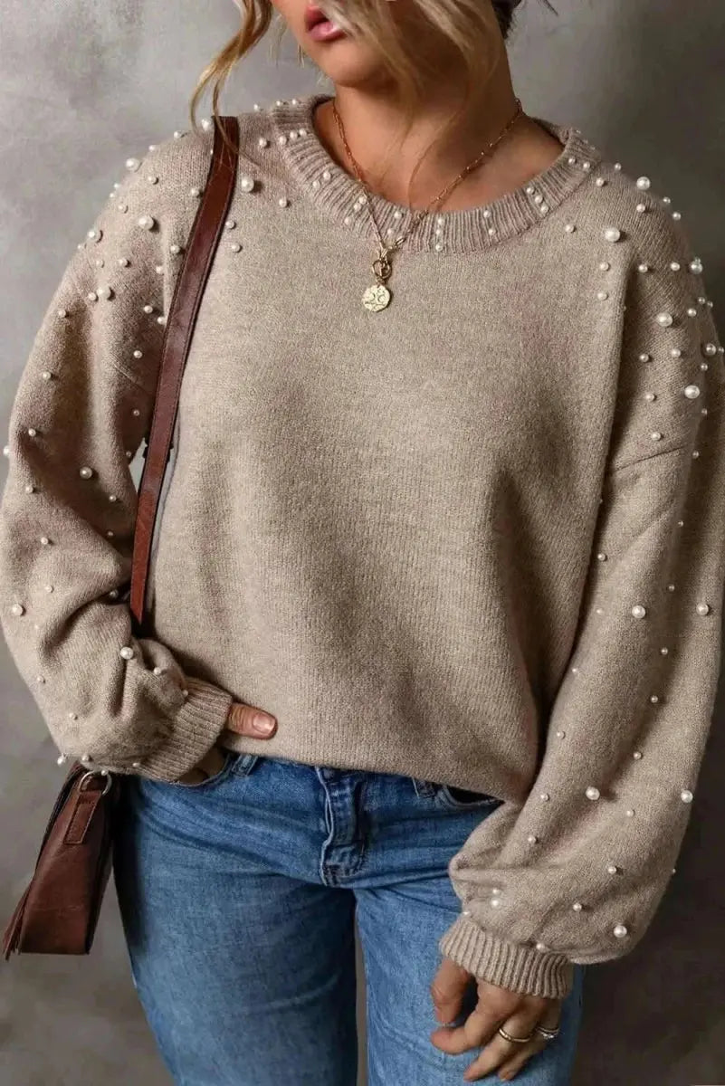 Trendsi Pearl Detail Sweater Women&amp;#39;s Plus Size Round Neck Long Sleeve Top - Chic &amp;amp; Comfy