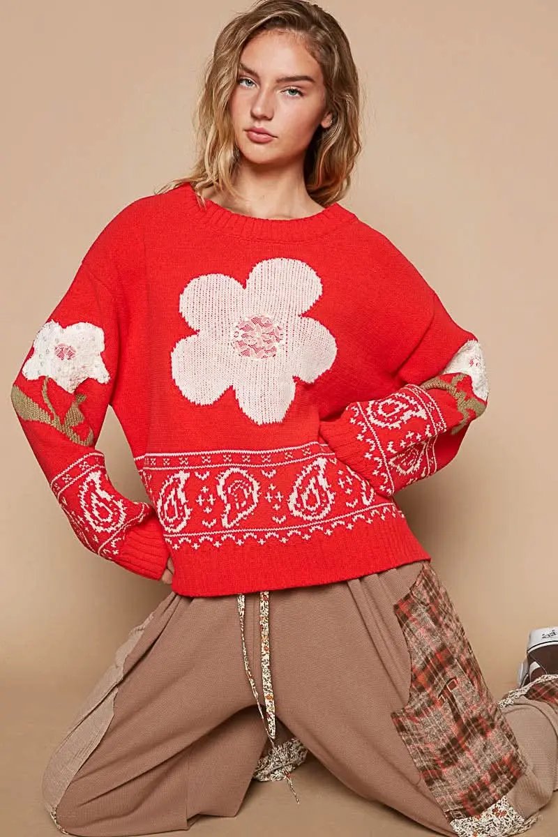 Trendsi Flower Lace Sweater Women&amp;#39;s Long Sleeve Knit Top USA Ship