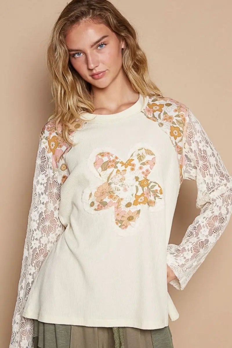 Trendsi Lace Sleeve Knit Top Women&amp;#39;s Casual Flower Patch Sweater Soft, USA Ship