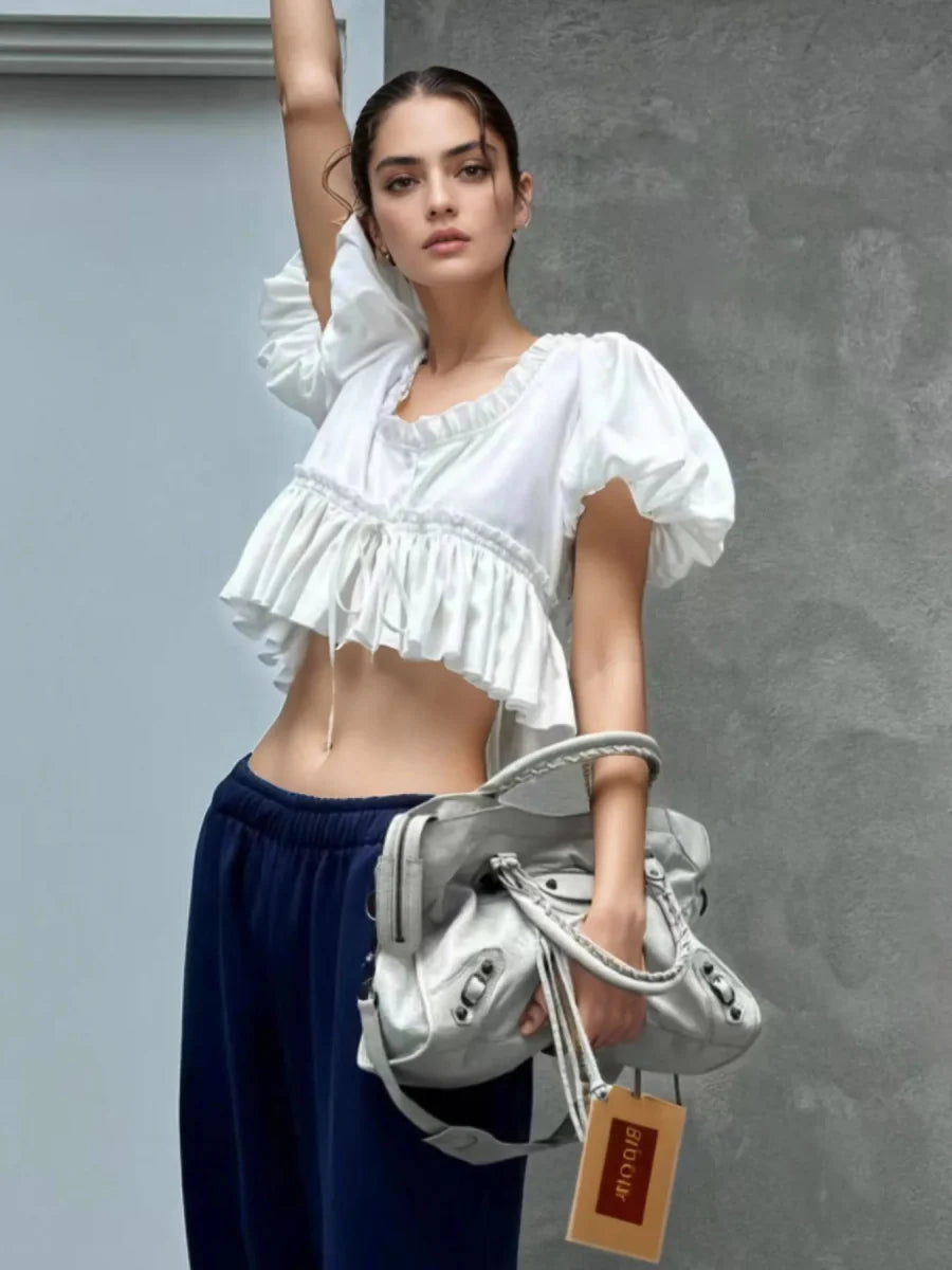 Puff Sleeve Ruffle Crop Blouse