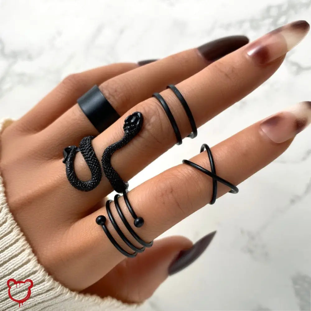 Punk Serpent Black Ring Set