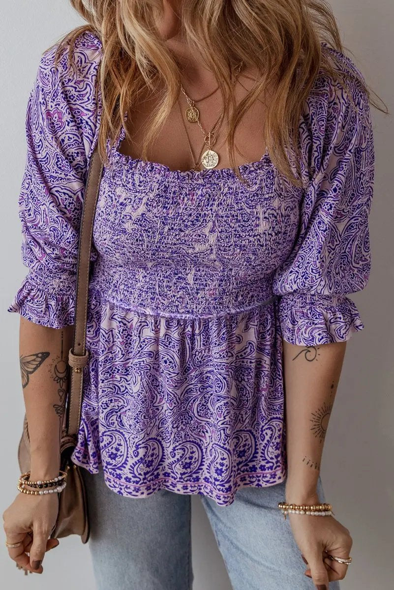 Love Salve Purple Paisley Blouse Women&amp;#39;s Boho Summer Top - Flattering Peplum, Half Sleeve