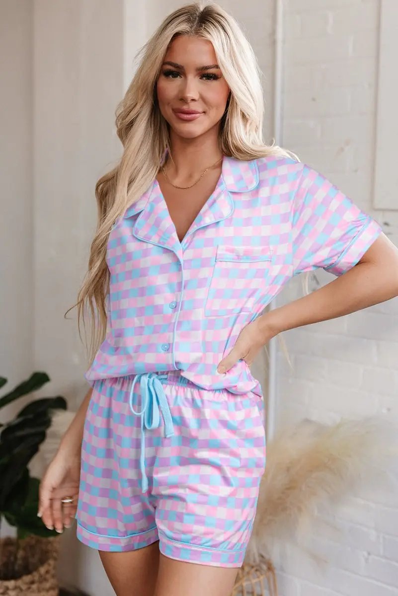 Love Salve Purple Checkered Pajamas Women&amp;#39;s Loungewear Set Casual Summer Sleepwear