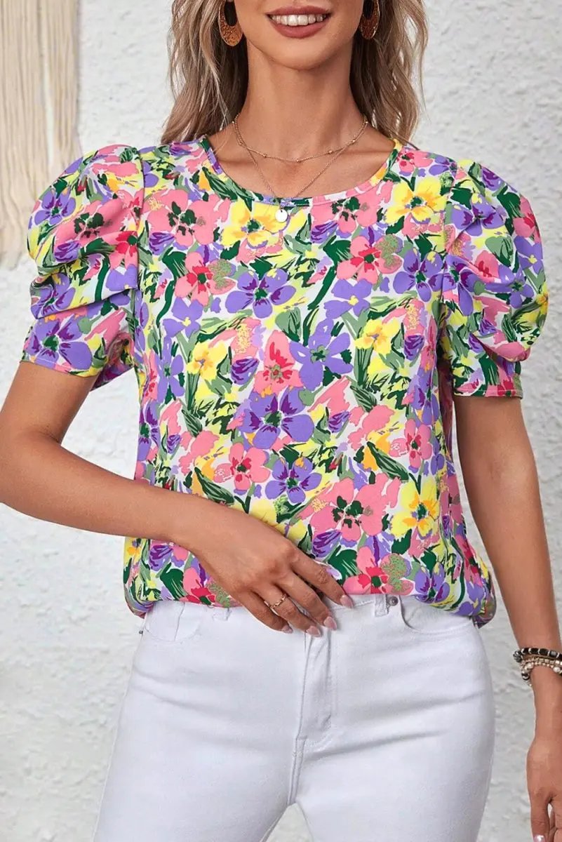Love Salve Purple Floral Blouse Women&amp;#39;s Daily Southern Belle Top Puff Sleeve Summer