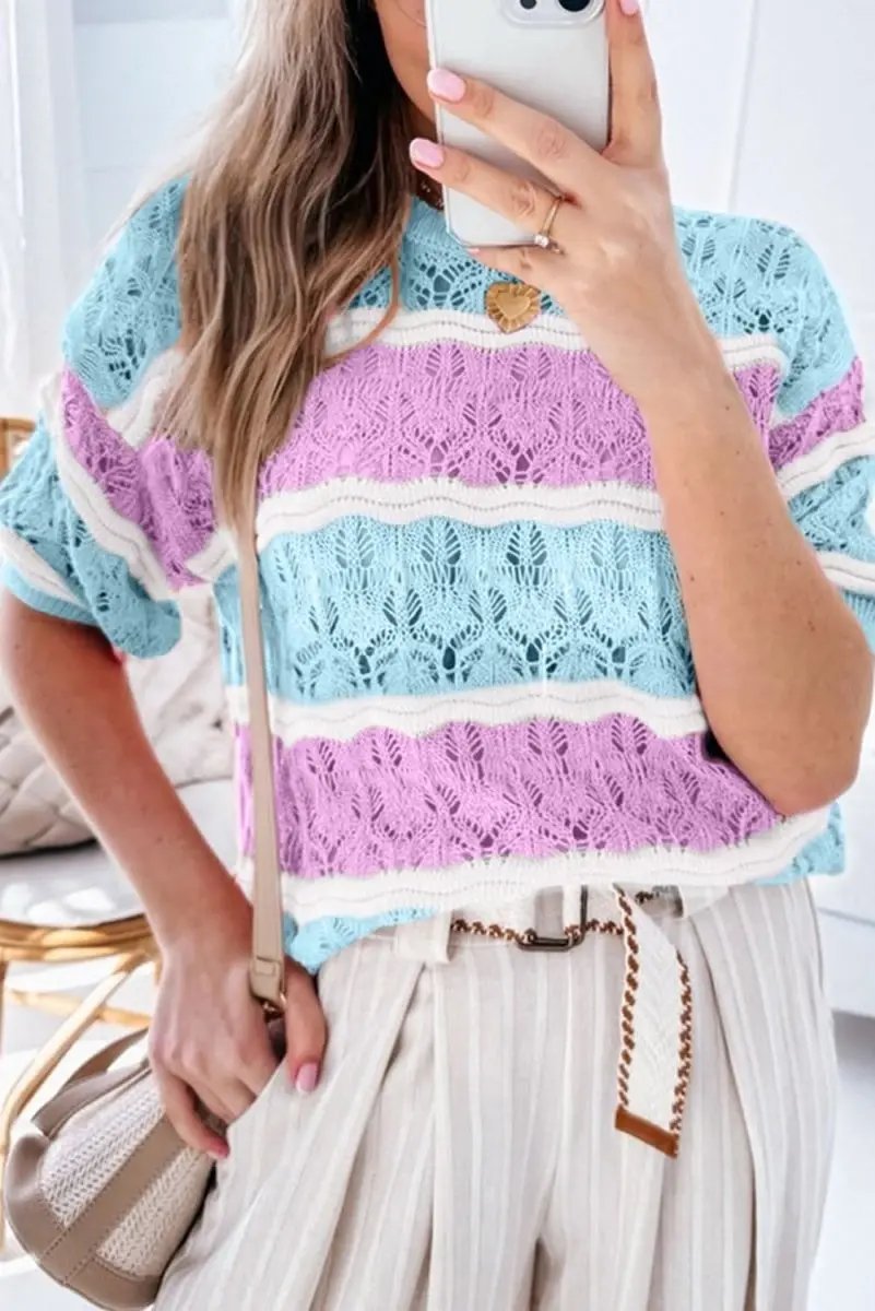 Love Salve Crochet Sweater Women&amp;#39;s Daily Color Block Striped Half Sleeve Top - Summer Style